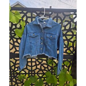 Women's Rhinestone Sparkle Open Back Button Up Cropped Denim Jean Jacket Medium